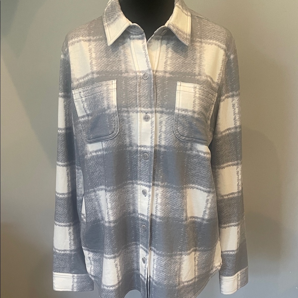 Gray and White Plaid Button-Up Shirt super soft